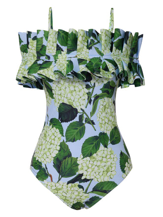 Green 1950s Hydrangea Floral Cold-Shoulder Swimsuit, vintage swimsuit, pin-up swimwear - perfect for women who love vintage and retro fashion