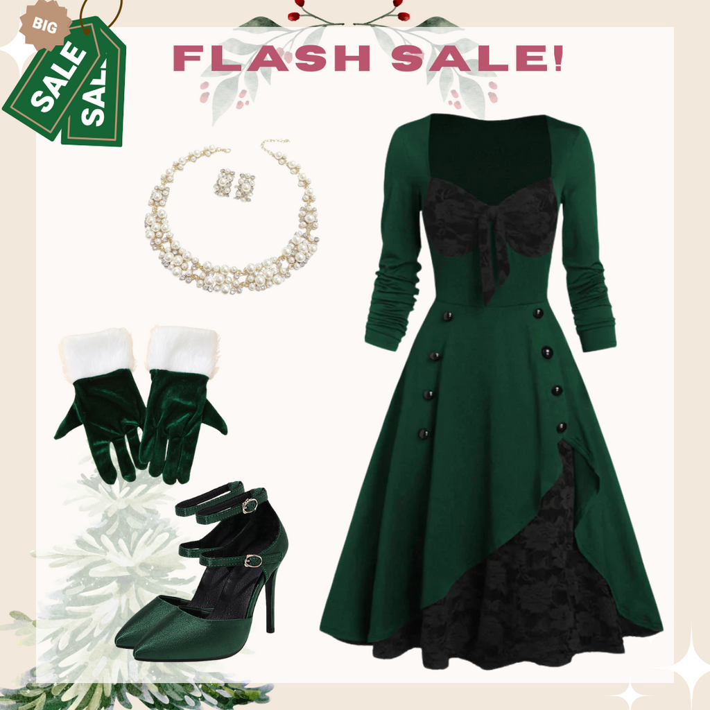 She slips into this Green 1950s Lace Patchwork Swing Dress and suddenly it's a 1950s daydream