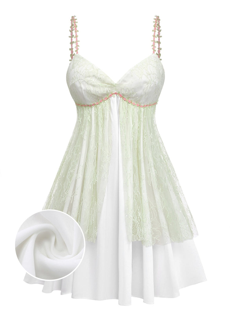 Green 1950s Lace Rose Strap Double Layer Nightdress - vintage dress, retro fashion, elegant style for vintage lovers
