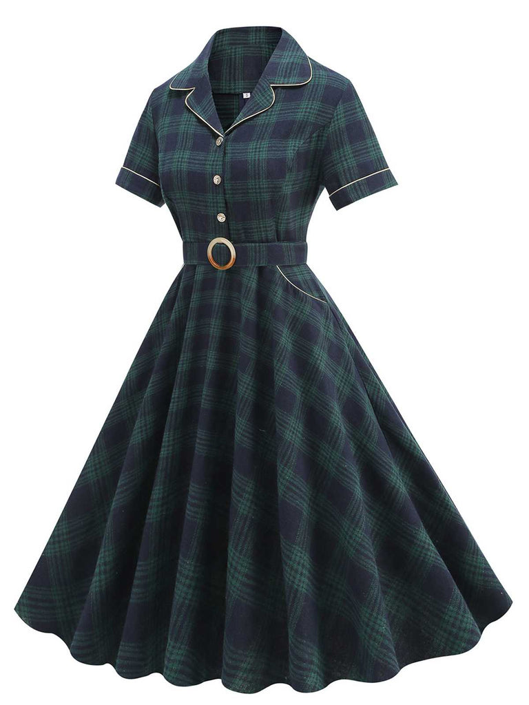 Green 1950s Lapel Plaids Swing Dress: where 1950s romance meets her modern spirit