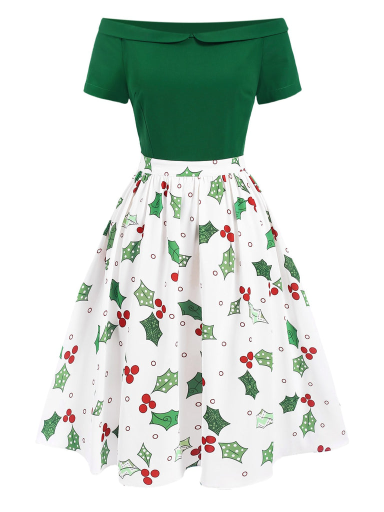 Green 1950s Off-Shoulder Christmas Patchwork Dress: where 1950s romance meets her modern spirit