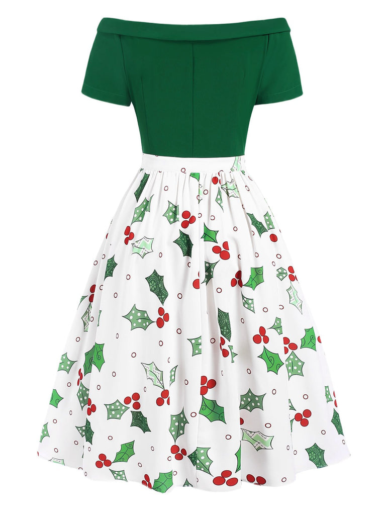 Green 1950s Off-Shoulder Christmas Patchwork Dress — the kind of 1950s dress that makes strangers smile