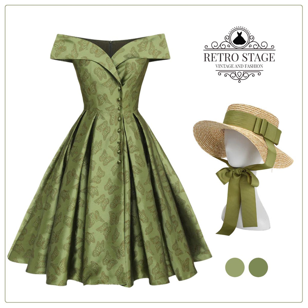 She slips into this Green 1950s Off-Shoulder Vintage Dress and suddenly it's a 1950s daydream