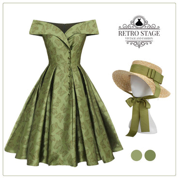 She slips into this Green 1950s Off-Shoulder Vintage Dress and suddenly it's a 1950s daydream