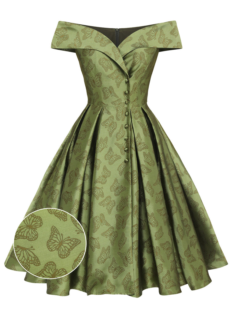 Green 1950s Off-Shoulder Vintage Dress: where 1950s romance meets her modern spirit