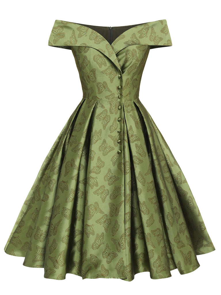 This Green 1950s Off-Shoulder Vintage Dress wraps her in 1950s elegance, one twirl at a time
