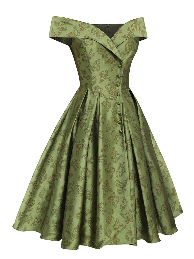Green 1950s Off-Shoulder Vintage Dress — the kind of 1950s dress that makes strangers smile