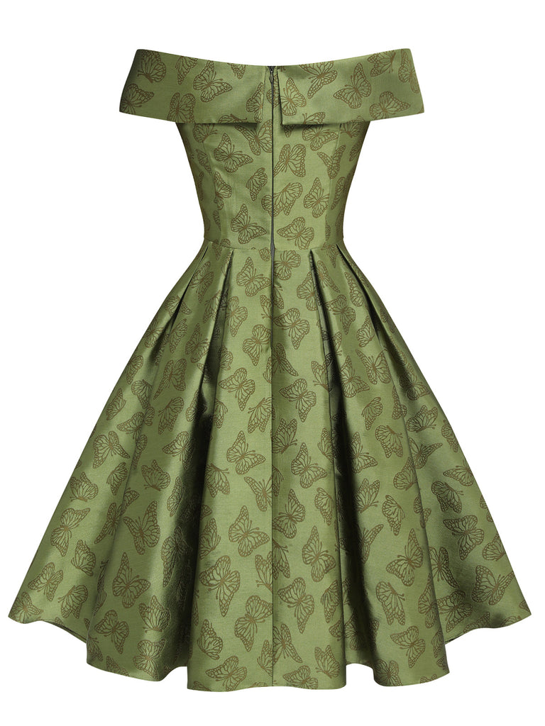 Green 1950s Off-Shoulder Vintage Dress — a 1950s silhouette that turns sidewalks into runways