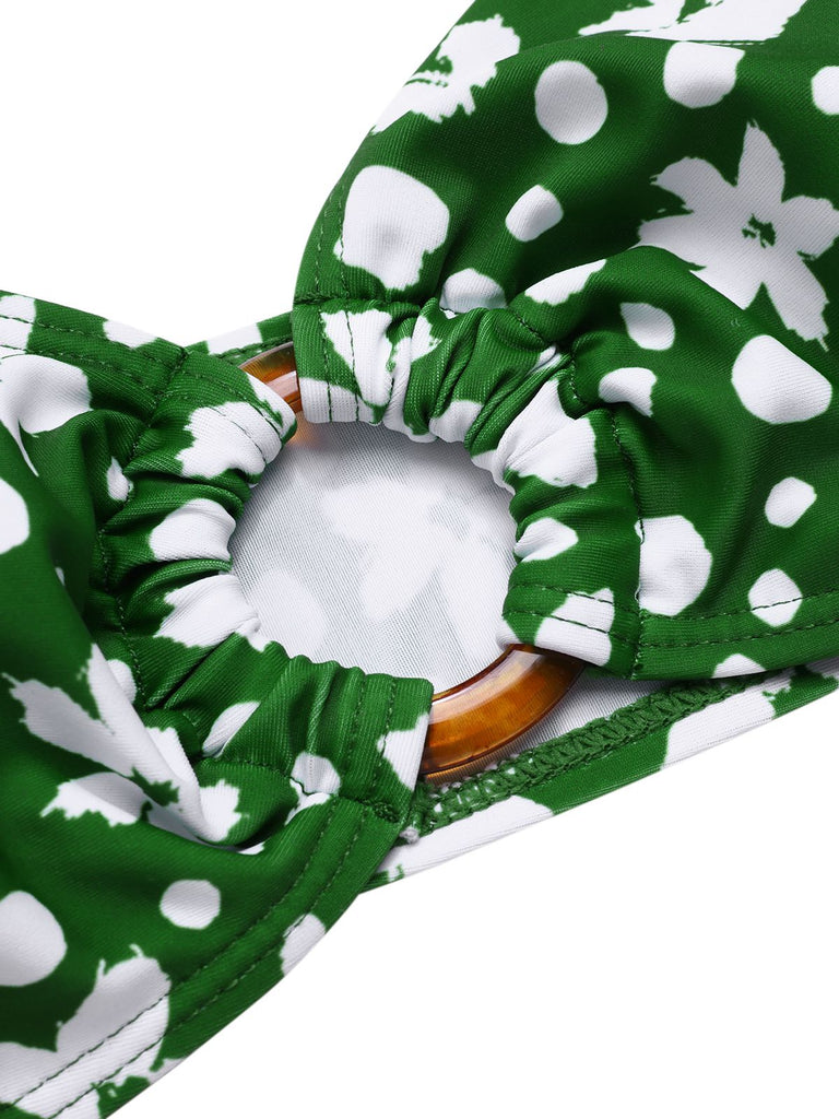 Green 1950s One-Shoulder Floral Bikini Set, vintage swimsuit, pin-up swimwear - perfect for women who love vintage and retro fashion
