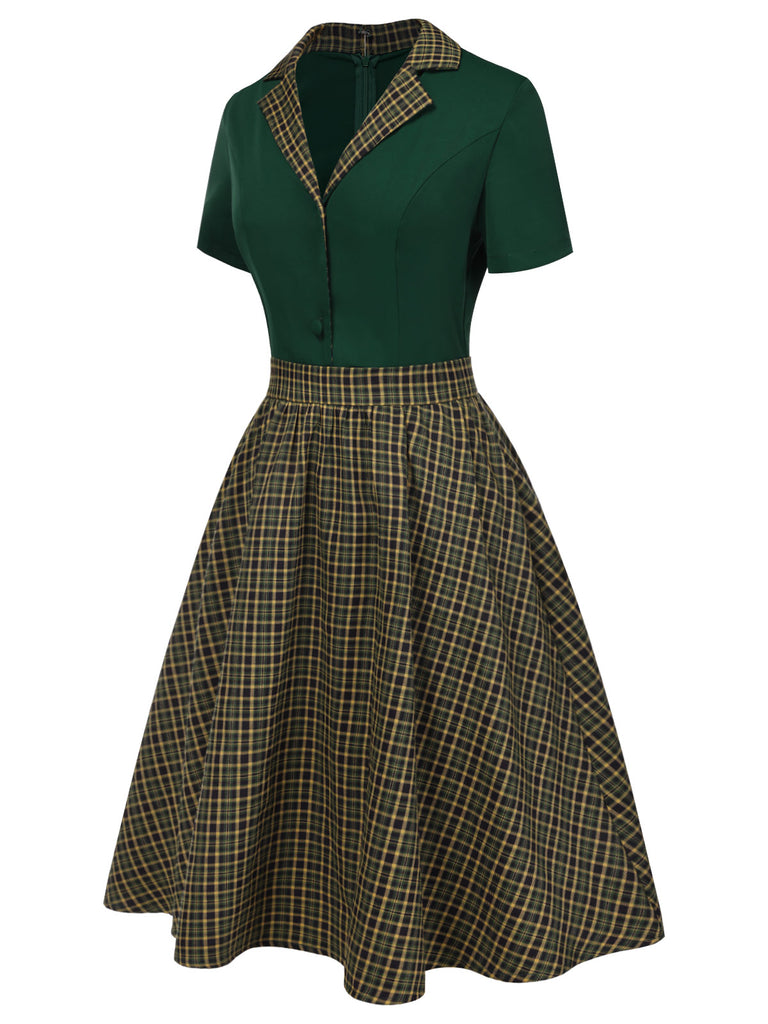 Green 1950s Plaid Patchwork Lapel Dress, vintage dress, retro fashion, rockabilly, pin-up fashion - perfect for women who love vintage and retro fashion