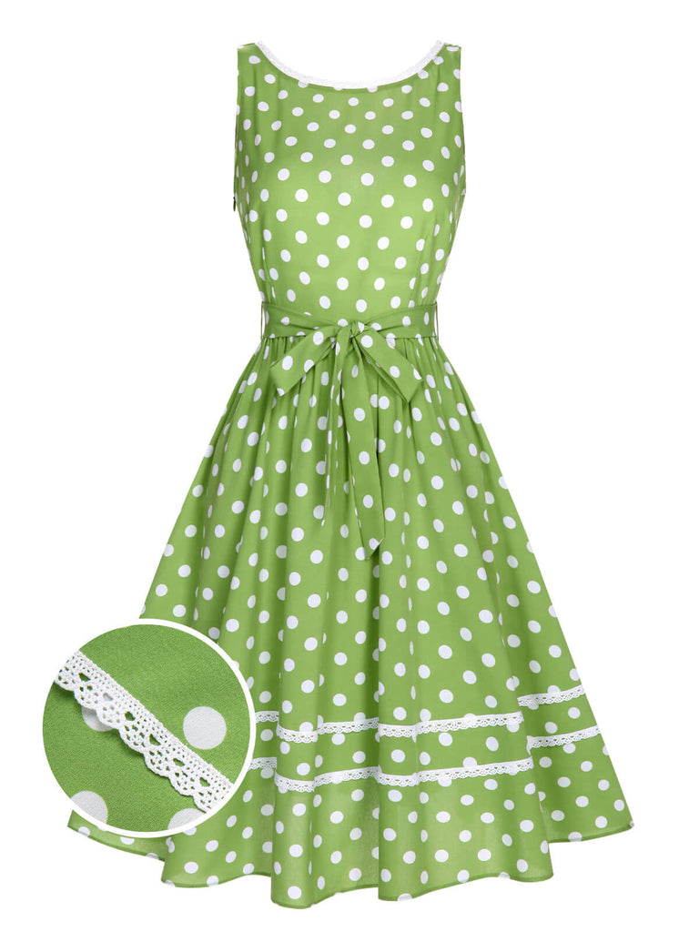 Green 1950s Polka Dot Lace Binding Dress, vintage dress, retro fashion, rockabilly, pin-up fashion - perfect for women who love vintage and retro fashion