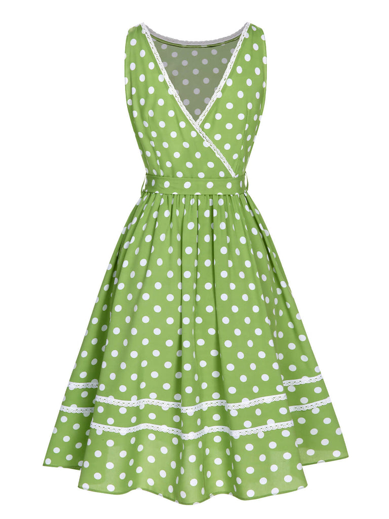 Green 1950s Polka Dot Lace Binding Dress, vintage dress, retro fashion, rockabilly, pin-up fashion - perfect for women who love vintage and retro fashion