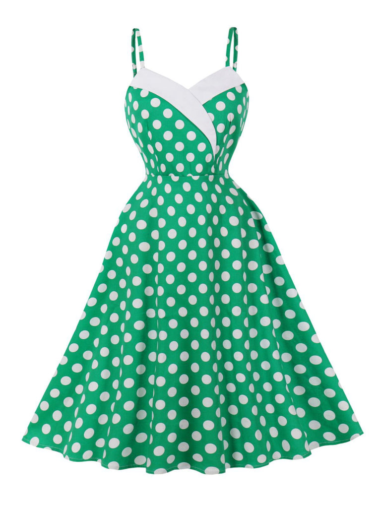 Green 1950s Polka Dot Spaghetti Strap Dress - vintage dress, retro fashion, rockabilly