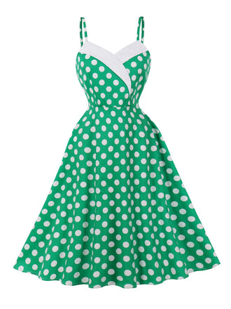 Green 1950s Polka Dot Spaghetti Strap Dress - vintage dress, retro fashion, rockabilly