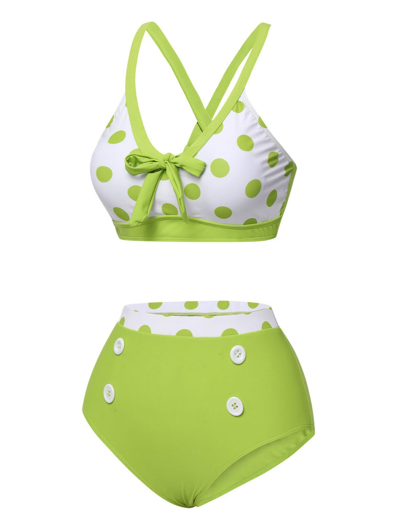 Green 1950s Polka Dot V-Neck Swimsuit, vintage swimsuit, pin-up swimwear - perfect for women who love vintage and retro fashion