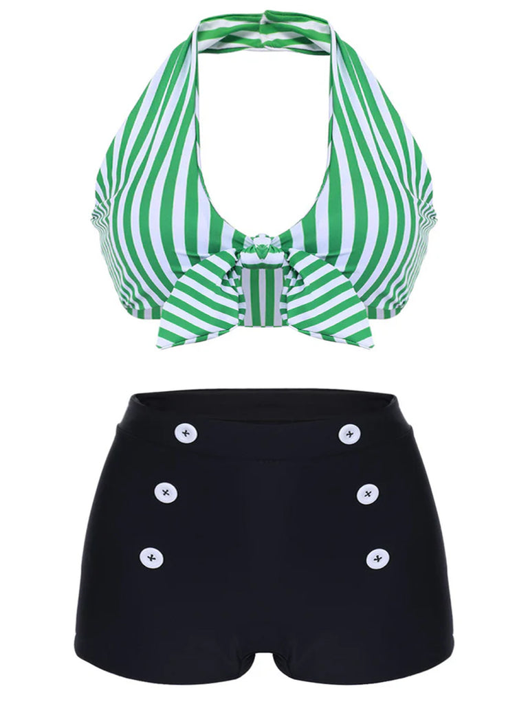 Green 1950s Retro Halter Stripes Bikini Set - vintage fashion, retro style