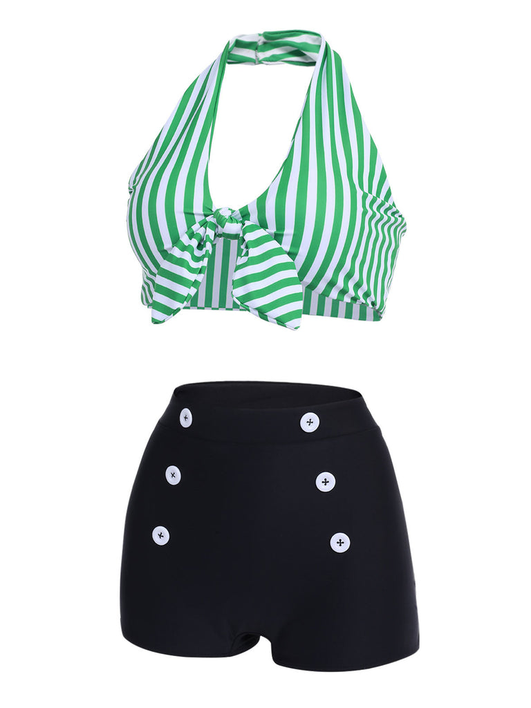 Green 1950s Retro Halter Stripes Bikini Set - vintage fashion, retro style