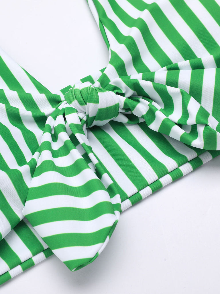 Green 1950s Retro Halter Stripes Bikini Set - vintage fashion, retro style