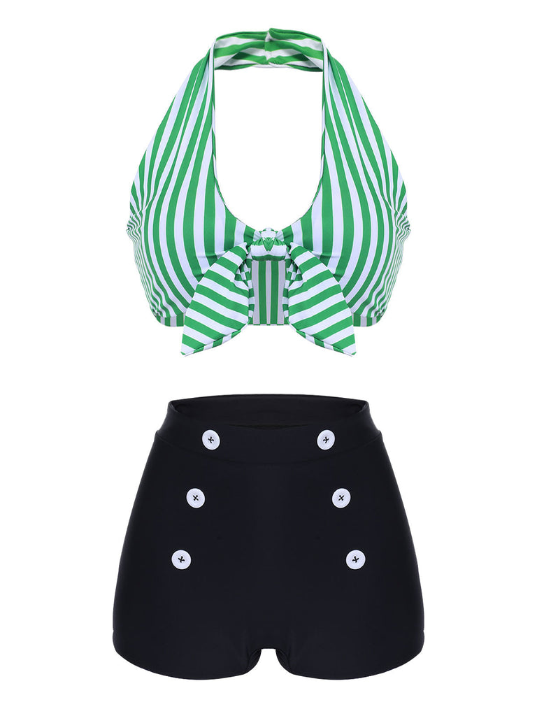 Green 1950s Retro Halter Stripes Bikini Set - vintage fashion, retro style