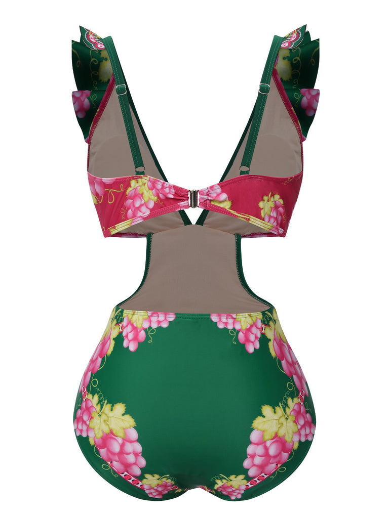 Green 1950s Retro-Flowers V-Neck Swimsuit, vintage swimsuit, pin-up swimwear - perfect for women who love vintage and retro fashion