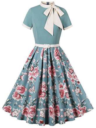 Green 1950s Rose Patchwork Tie Collar Dress, vintage dress, retro fashion, rockabilly, pin-up fashion - perfect for women who love vintage and retro fashion