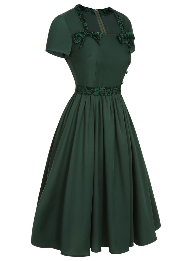 Green 1950s Solid Bow Square Collar Dress, vintage dress, retro fashion, rockabilly, pin-up fashion - perfect for women who love vintage and retro fashion
