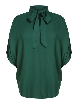 Green 1950s Solid Ribbon Collar Satin Blouse, vintage top, retro blouse - perfect for women who love vintage and retro fashion