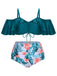 Green 1950s Strap Floral Ruffles Swimsuit: 1950s Riviera elegance, reimagined for her