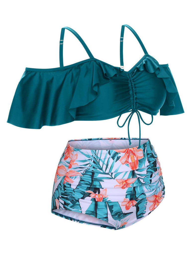 This Green 1950s Strap Floral Ruffles Swimsuit carries 1950s vacation dreams in every stitch