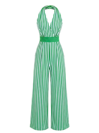 Green 1970s Striped Halter Wide Leg Jumpsuit