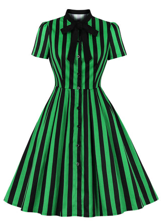 Green 1950s Tie Neck Button Black Stripes Dress, vintage dress, retro fashion, rockabilly, pin-up fashion - perfect for women who love vintage and retro fashion