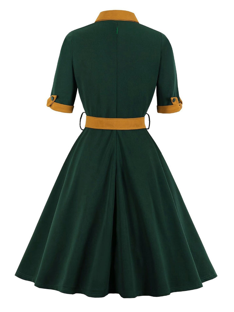 Green 1950s Tie Neck Contrast Patchwork Dress: where 1950s romance meets her modern spirit