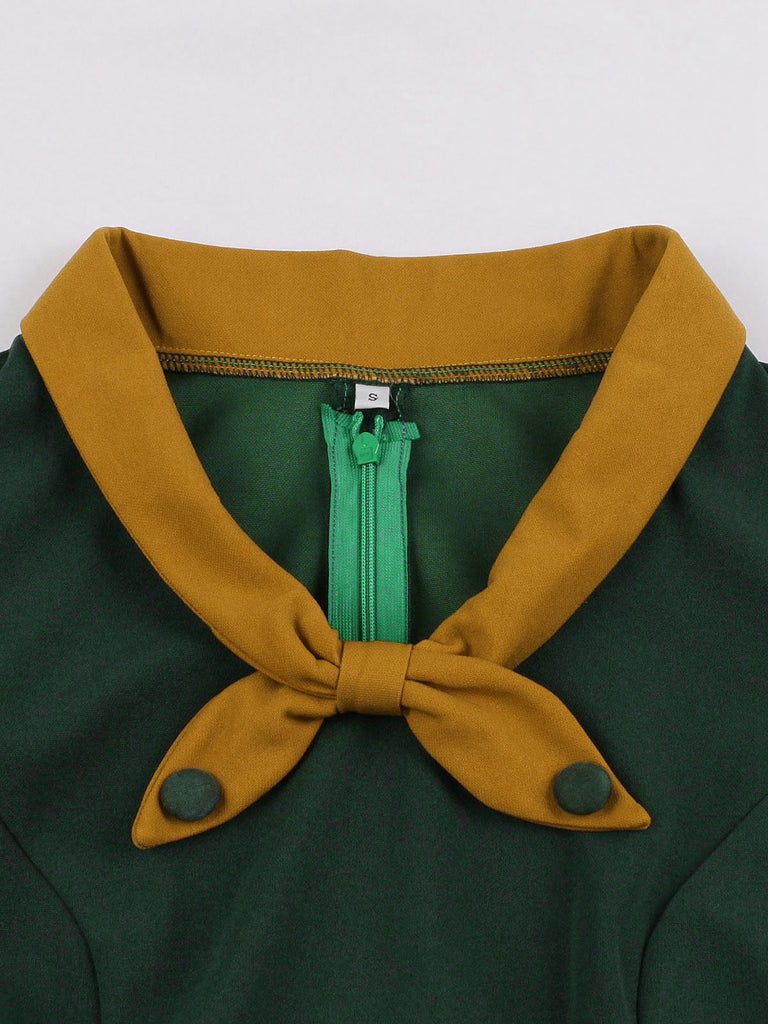 This Green 1950s Tie Neck Contrast Patchwork Dress wraps her in 1950s elegance, one twirl at a time