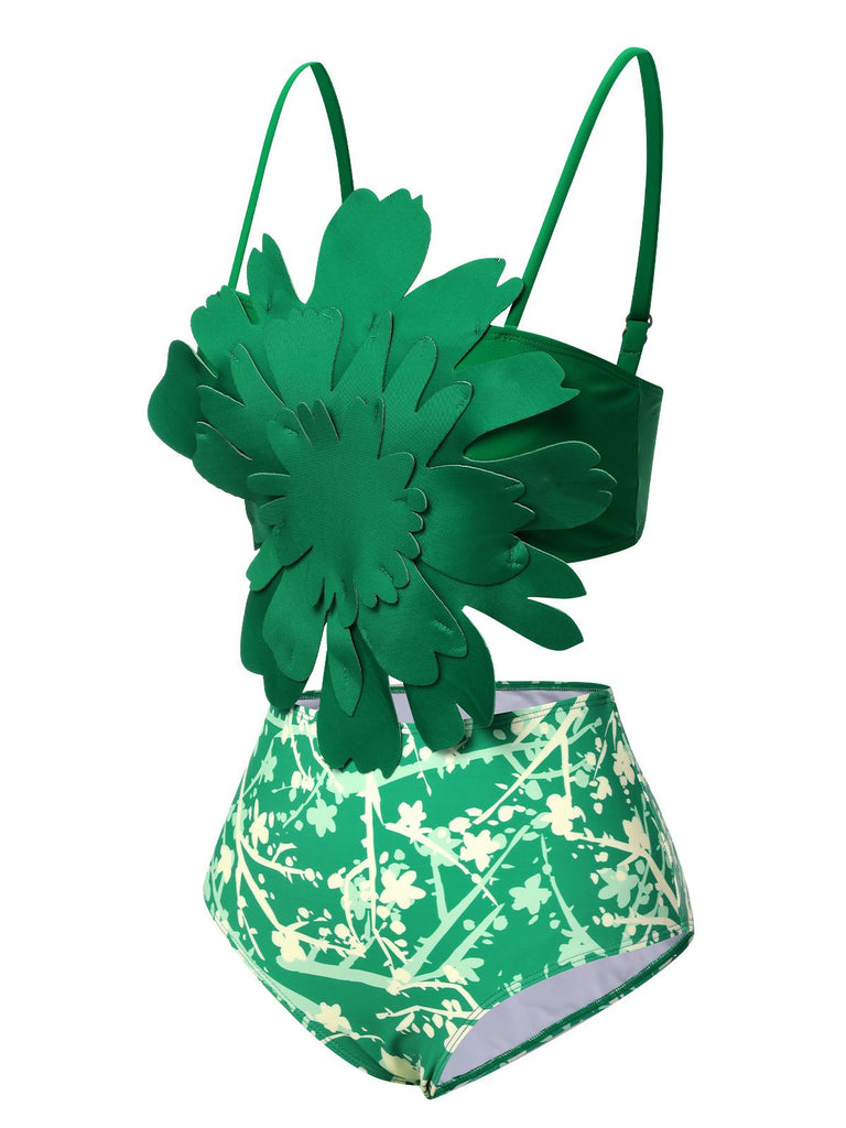 Green 1960S 3D Floral Strap Swimsuit: 1960s Riviera elegance, reimagined for her