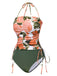 Green 1960s Bandeau Halter Floral Drawstring Swimsuit: 1960s Riviera elegance, reimagined for her