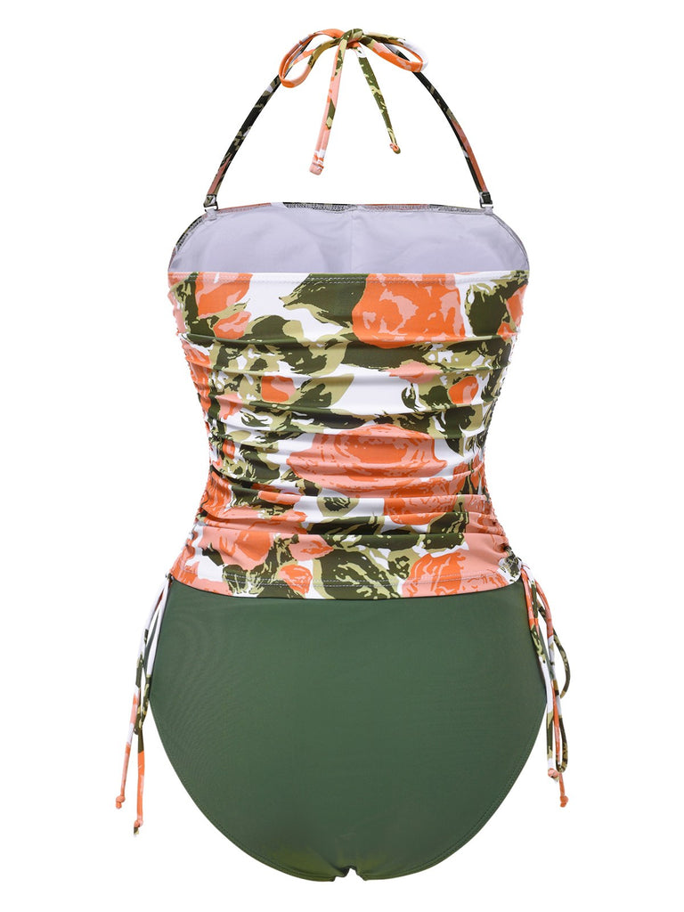 This Green 1960s Bandeau Halter Floral Drawstring Swimsuit carries 1960s vacation dreams in every stitch