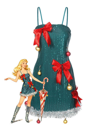 Green 1960s Bow & Christmas Bell Sequin Dress - vintage dress, retro fashion