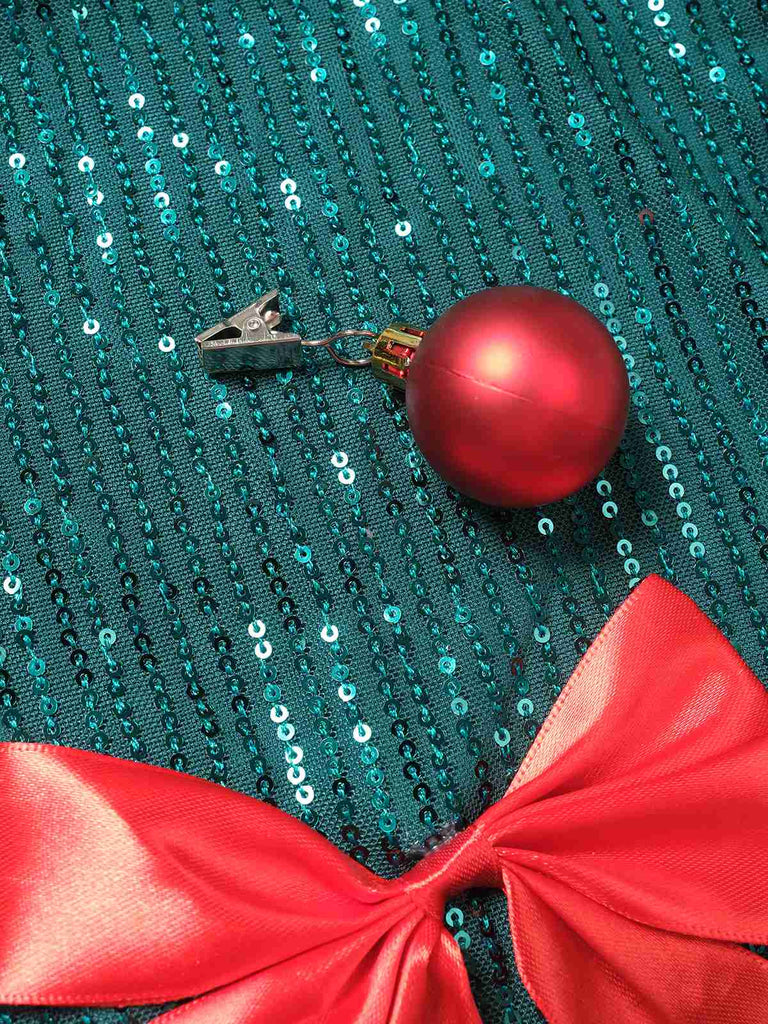 Green 1960s Bow & Christmas Bell Sequin Dress - vintage dress, retro fashion