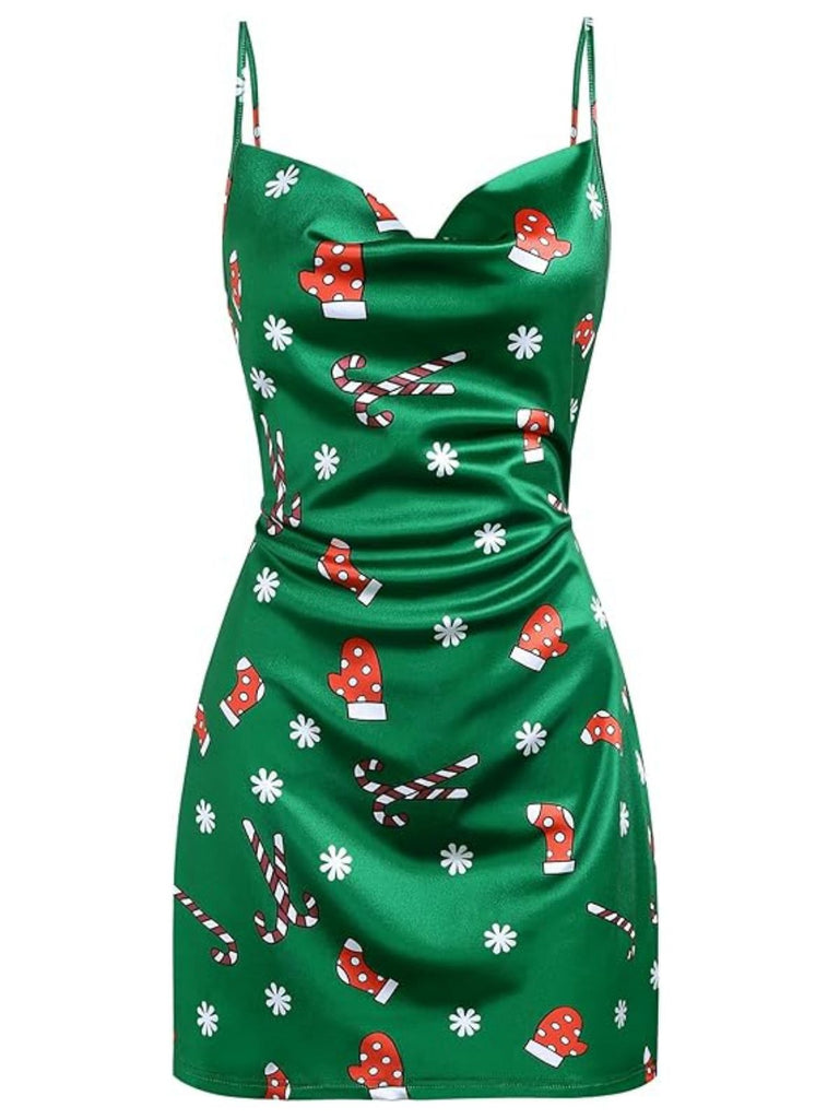 Green 1960s Christmas Cowl Neck Slip Dress - vintage dress, retro fashion