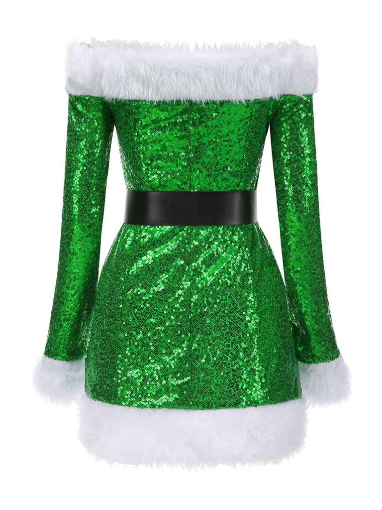 Green 1960s Christmas Plush Sequined Patchwork Dress, vintage dress, retro fashion - perfect for women who love vintage and retro fashion