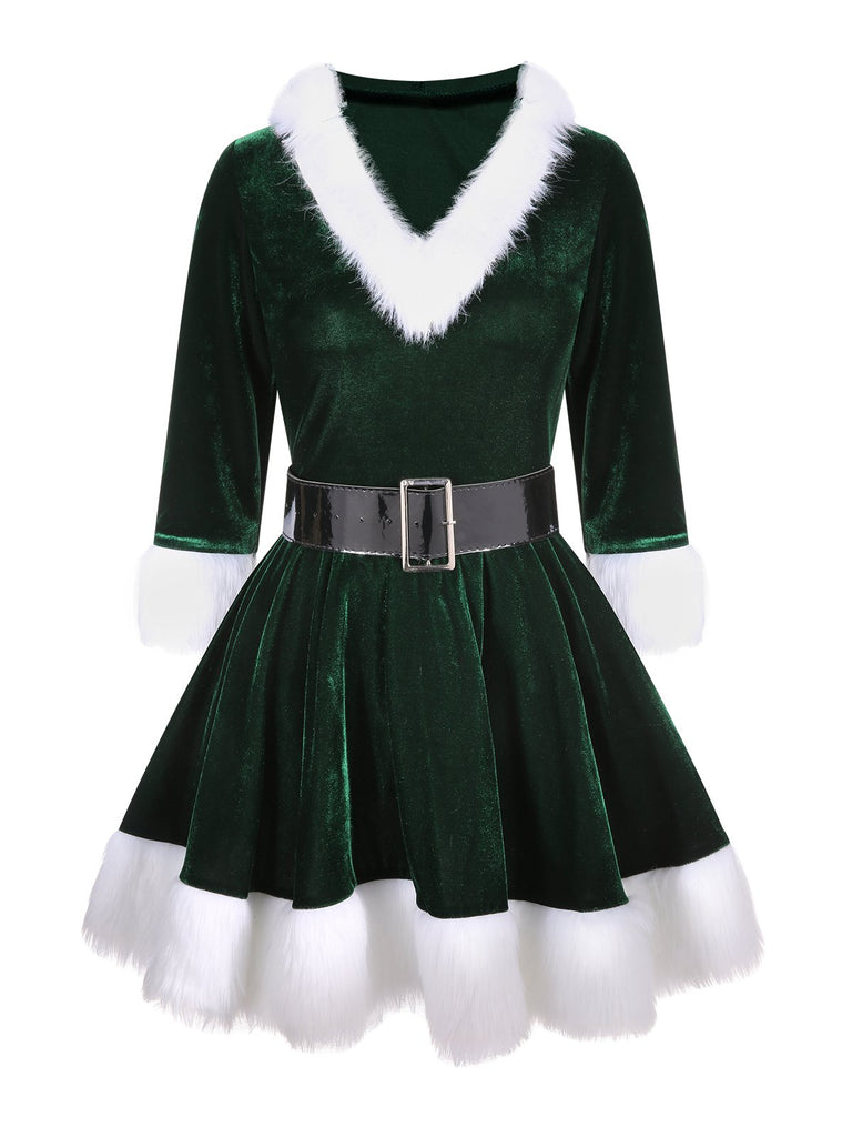 Green 1960s Christmas Velvet Patchwork Hooded Dress, vintage dress, retro fashion - perfect for women who love vintage and retro fashion