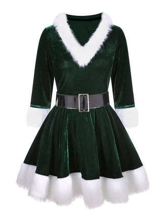 Green 1960s Christmas Velvet Patchwork Hooded Dress, vintage dress, retro fashion - perfect for women who love vintage and retro fashion