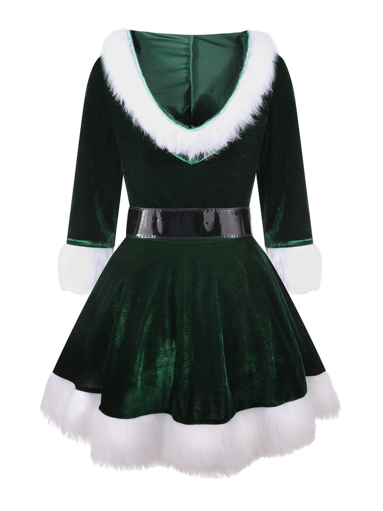 Green 1960s Christmas Velvet Patchwork Hooded Dress, vintage dress, retro fashion - perfect for women who love vintage and retro fashion