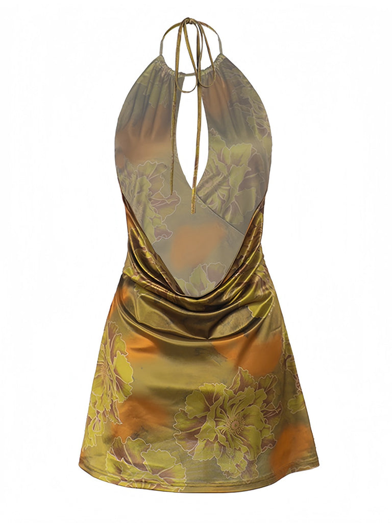 Green 1960s Floral Halter Hollow Backless Dress - vintage dress, retro fashion