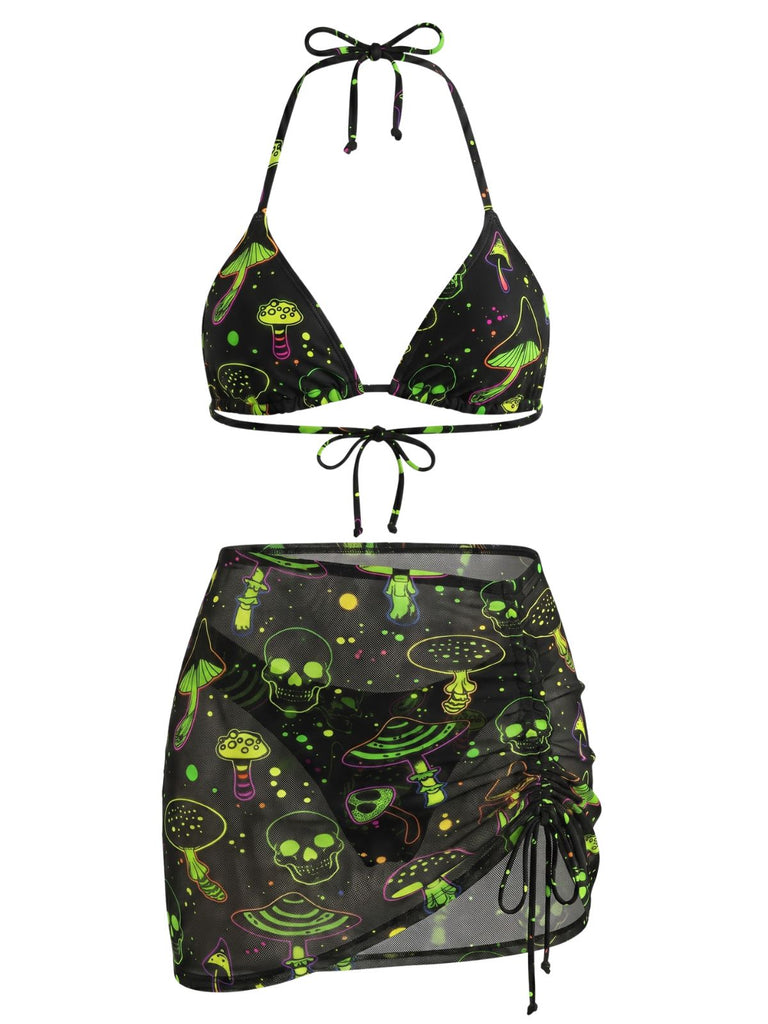 Green 1960s Print Mesh Vintage Slim Bikini Set 7