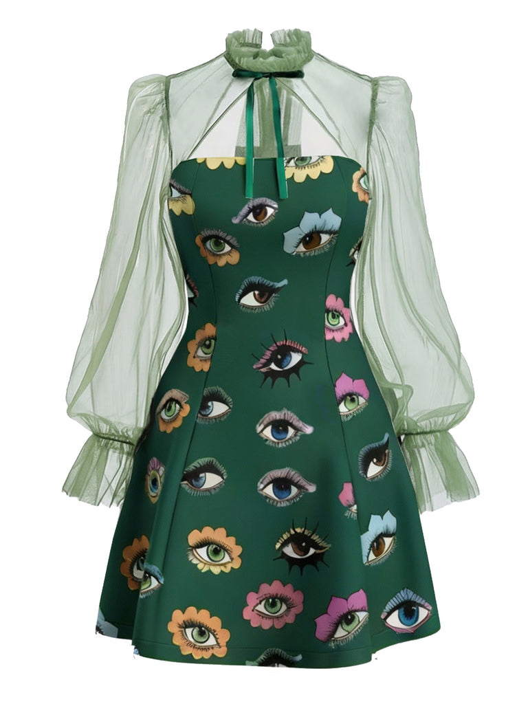 Green 1960s Halloween Gothic Eye Print Mesh Sleeve Dress, vintage dress, retro fashion - perfect for women who love vintage and retro fashion