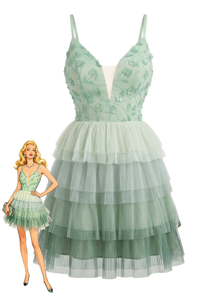 Green 1960s Layered Tulle Cake Dress - vintage dress, retro fashion, elegant red
