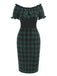 Green 1960s Off Shoulder Bow Tartan Pencil Dress: where 1960s romance meets her modern spirit