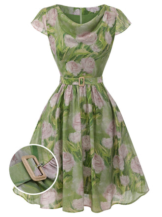 Green 1960s Oil-Painting Rose Dress, vintage dress, retro fashion - perfect for women who love vintage and retro fashion