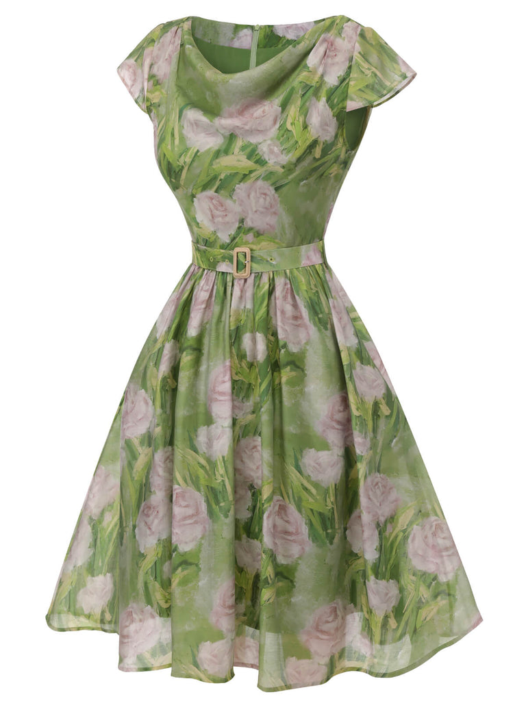 Green 1960s Oil-Painting Rose Dress, vintage dress, retro fashion - perfect for women who love vintage and retro fashion